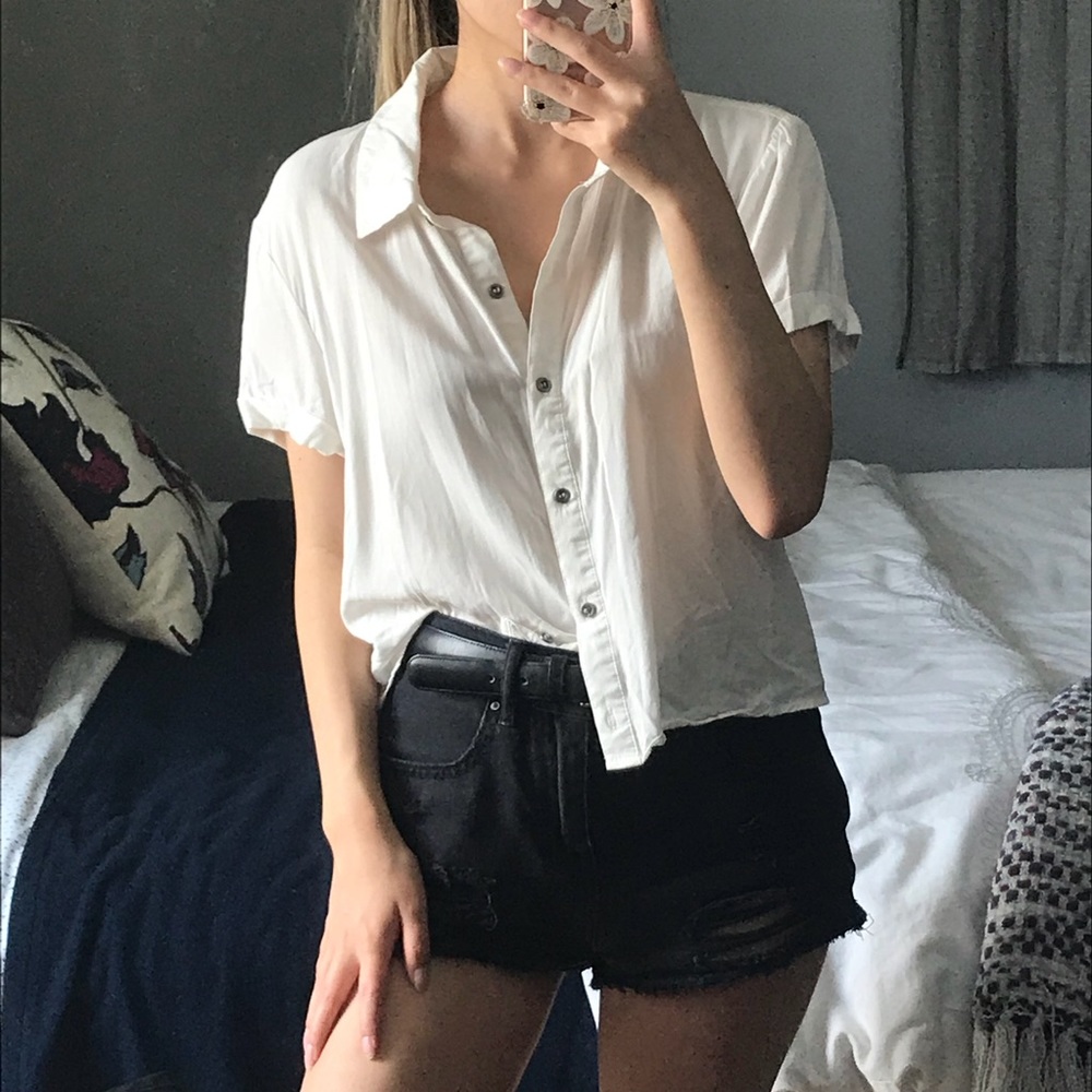 White Cropped Button Down